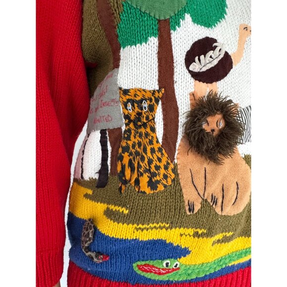90s vintage Raquels embroidered textured 3D jungle animals hand knit sweater - Picture 9 of 10